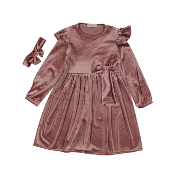 Βελούδινο φορεματάκι με κορδέλα Πουδρέ - 1