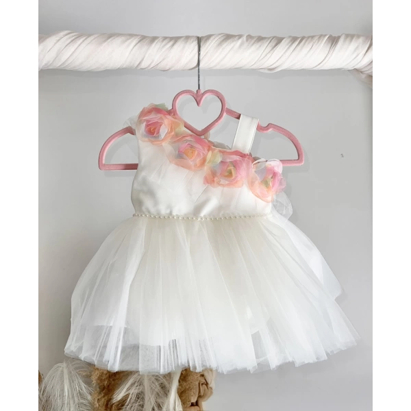Βρεφικό φόρεμα “Roza” με 3D λουλούδια Λευκό - 1