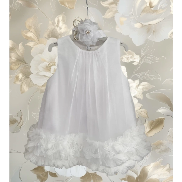 Βρεφικό φόρεμα με φρου φρου και κορδέλα λευκό - 1